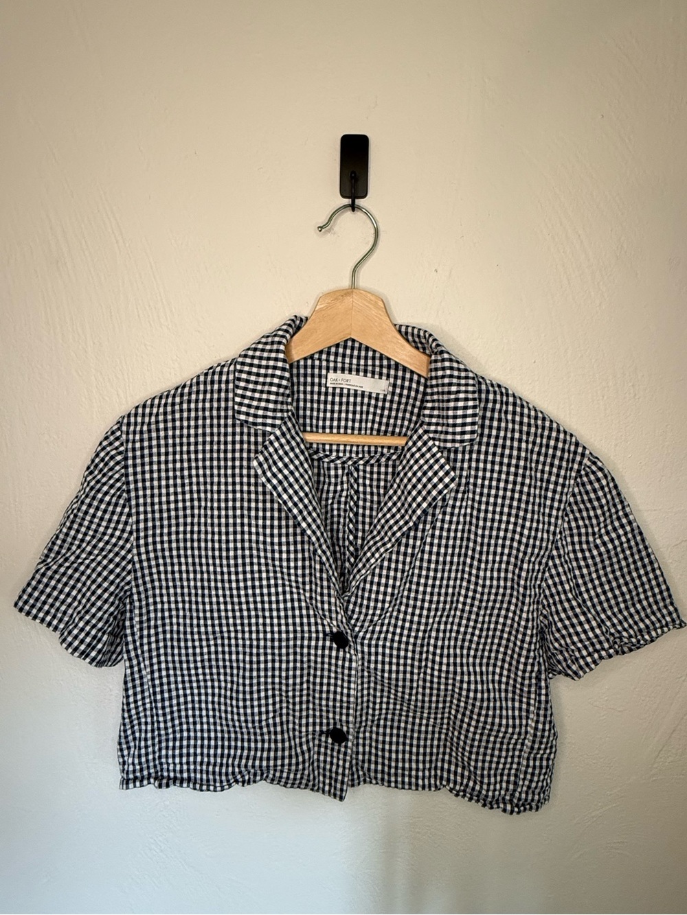 OAK + FORT 100% Cotton Navy and White Gingham Cropped Button-Down